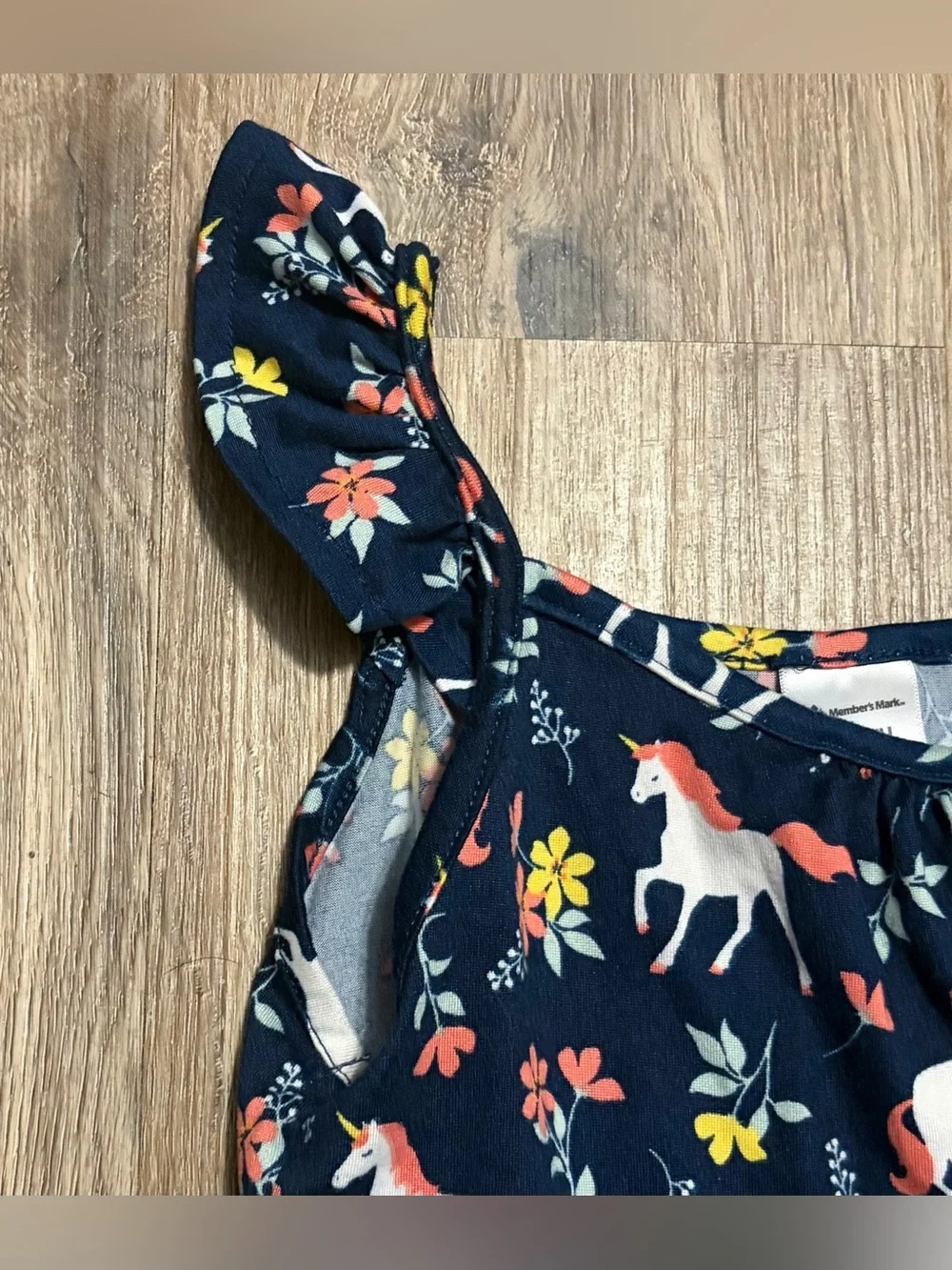 Member’s Mark - Yummy Dress - Navy with Unicorn and Floral Print   Size 7